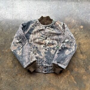 Vintage Mossy Oak Kids Camo Bomber Jacket Snap Front Made in USA Brown Green Med